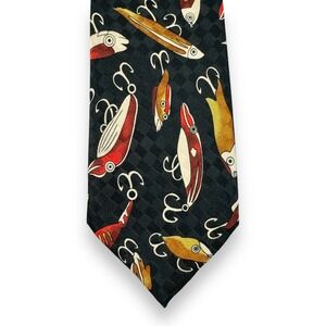 Renaissance Handmade Neck Tie Red Brown Fishing Lures Black Check Background 54"